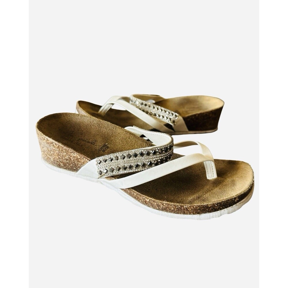 MILA PAOLI WHITE LEATHER AND CORK WEDGE THONG SANDALS MADE IN ITALY SIZE 7
